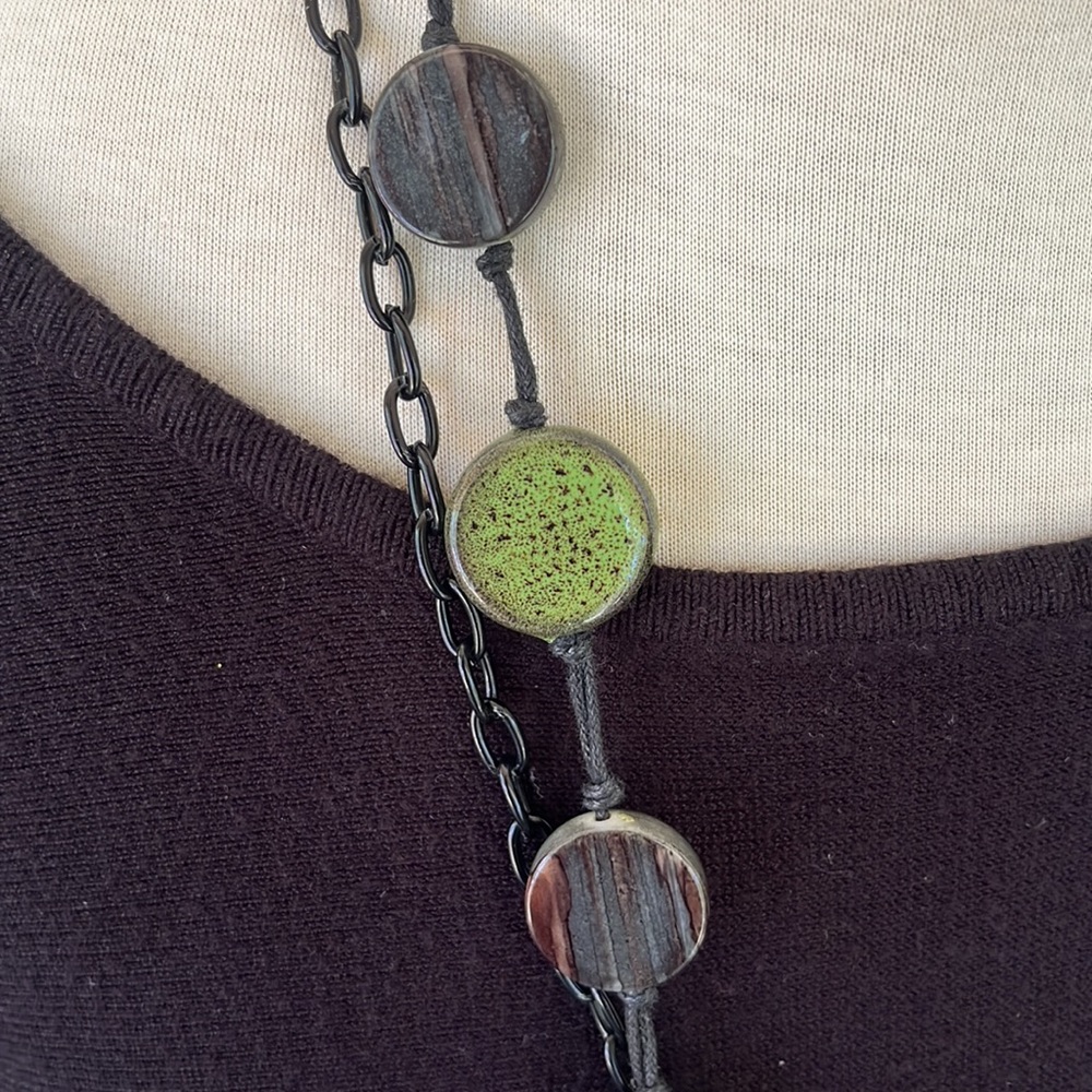 Funky Lime Green and Bluish Browns Round Stone Beads w/Black Chain Link Necklace